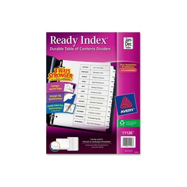 Avery Dennison Avery T.O.C. Divider, Printed Jan to Dec, 8.5"x11", 12 Tabs, White/White 11126 - main